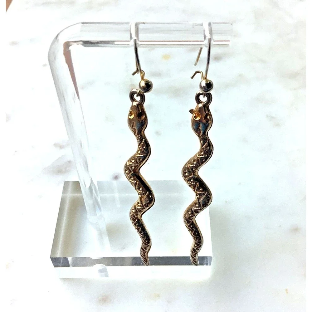 Snake Earrings Dangle Long French Loop Wire Gold Tone
